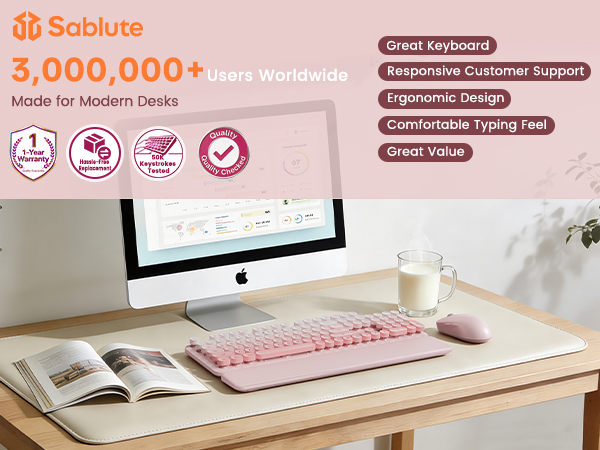 Pink wireless keyboard mouse combo with wrist rest on modern desk setup comfortable typing feel