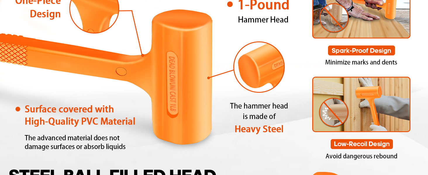 The one-piece design prevents wear between the deadblow head and handle.