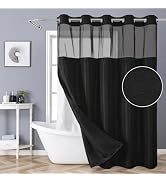 eachope Black No Hook Shower Curtain with Snap-in Fabric Liner Set,Slub Textured Fabric Shower Cu...