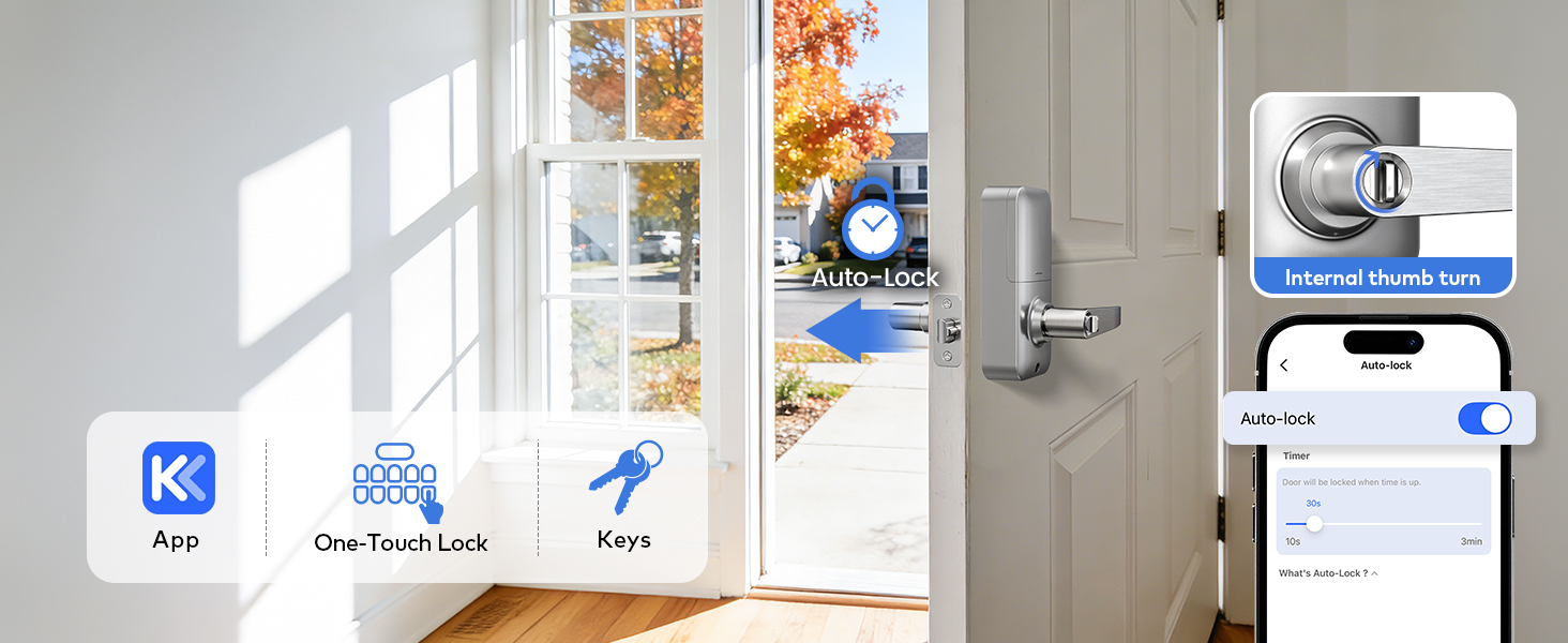 Multiple lock methods: APP, auto-lock (10–180s), one-touch, and key