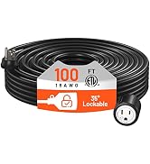 100 Ft Extension Cord, 35° Lockable Plug, Outdoor Indoor Extension Cord with Flat Plug, 3 Prong G...