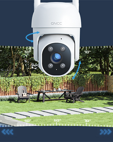 White outdoor security camera with dome design, mounted on a wall overlooking a backyard with lawn and patio furniture.