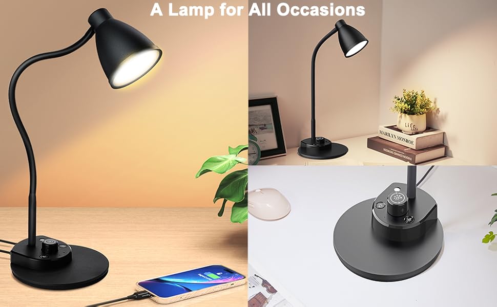LED Desk Lamp with USB Charging Port Reading Light Gooseneck Table Lamp