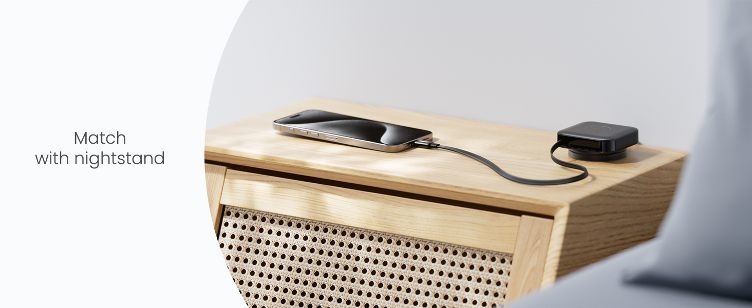 Wooden nightstand with cane webbing front. Top surface holds a wireless charging pad with a smartphone and smartwatch charging. Text reads 'Match with nightstand'.