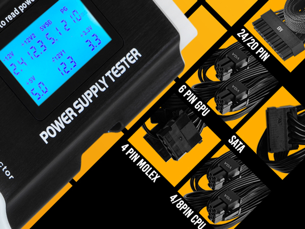 24/20 pin, 6 pin GPU, 4 Pin Molex, 4/8 pin CPU, SATA