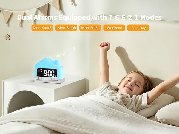 Text reads 'Dual Alarms Equipped with 7-6-5-2-1 Modes' with mode labels 'Mon/Wed', 'Mon/Thurs', 'Mon/Tues', 'Weekend', 'One Day'. Digital alarm clock displaying '90D' on person's bedside table while child stretches in bed.