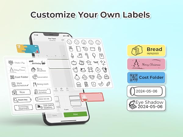 Smartphone app interface for customizing labels. Screen displays various icon options and text fields. Colorful sample labels shown beside the phone, demonstrating different label types and designs.