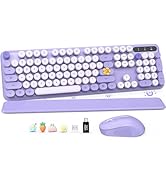 Wireless Keyboard and Mouse Combo, Cute Round Keycaps, Full-Size Retro Typewriter Keyboard with D...