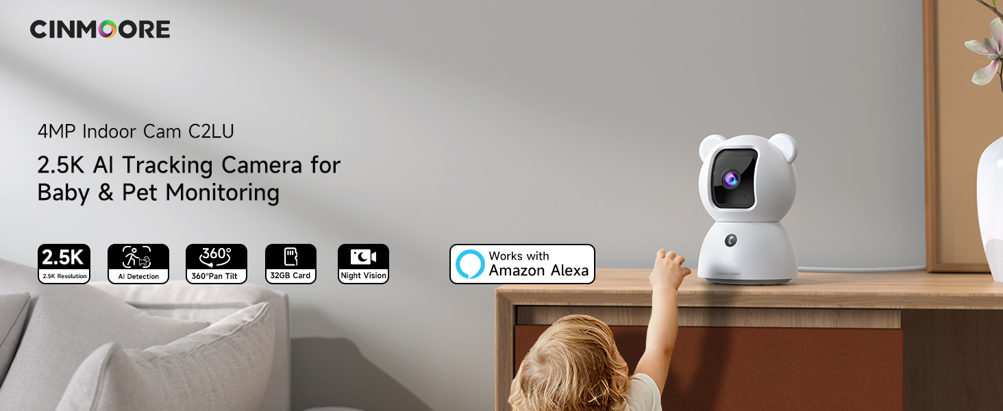 CINMOORE 4MP Indoor Cam 2.5K AI Tracking Camera for Baby Pet Monitoring, 32GB Card Included