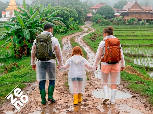 Three people viewed from behind wearing backpacks standing on dirt path overlooking rural rice paddies and traditional buildings. Text reads "18-65" age indicator. Travel or hiking scene in tropical agricultural landscape.