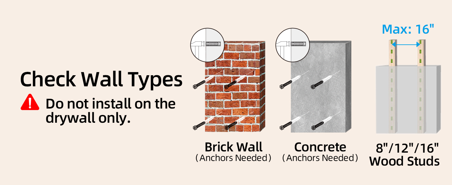 Installation guide diagram showing mounting instructions for brick walls, concrete walls, and wood studs, with maximum width of 16 inches.