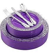 U-QE 150PCS Purple Silver Plastic Plates with Silver Silverware, Silver Party Supplies for 30 Gue...