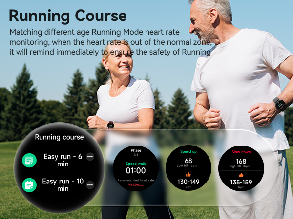 Text reads 'Running Course'. Extended fitness interface showing multiple circular progress indicators displaying 'Easy run - 10 min' with time and heart rate metrics.
