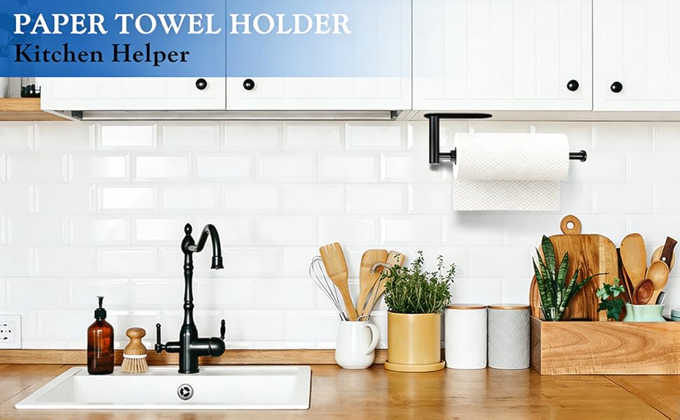 Text reads 'PAPER TOWEL HOLDER' and 'Kitchen Helper'. Wall-mounted white paper towel holder displayed in modern kitchen with sink, faucet, and countertop accessories visible.