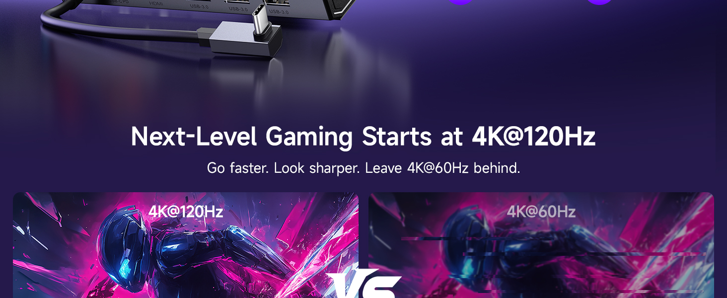 Text reads 'Next-Level Gaming Starts at 4K@120Hz'. Gaming-themed promotional image with purple and pink neon aesthetic featuring geometric shapes.