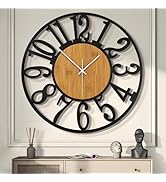 LEIKE Large Wall Clocks,Silent,Non Ticking,Battery Operated Rustic Round Modern Big Wood Wall Clo...
