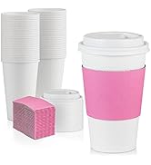 [50 Pack] White Coffee Cups with Dome Lids and Pink Sleeves - 16 oz Disposable Paper Cups - To G...