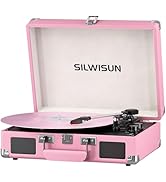 Pink Vinyl Record Player 3 Speeds Portable Suitcase Turntable with Built-in Dual Speakers, Blueto...