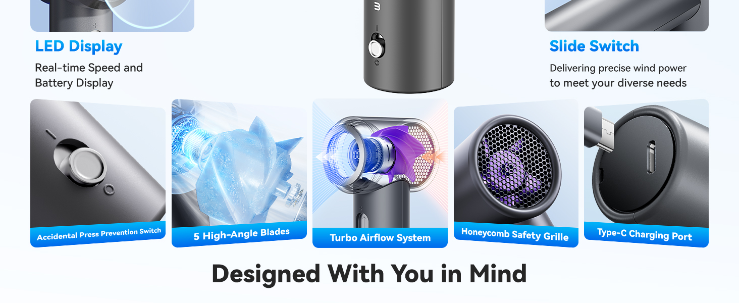 Turbo Airflow System, 5 High-Angle Blades, Honeycomb Safety Grille, Type-C Charging Port