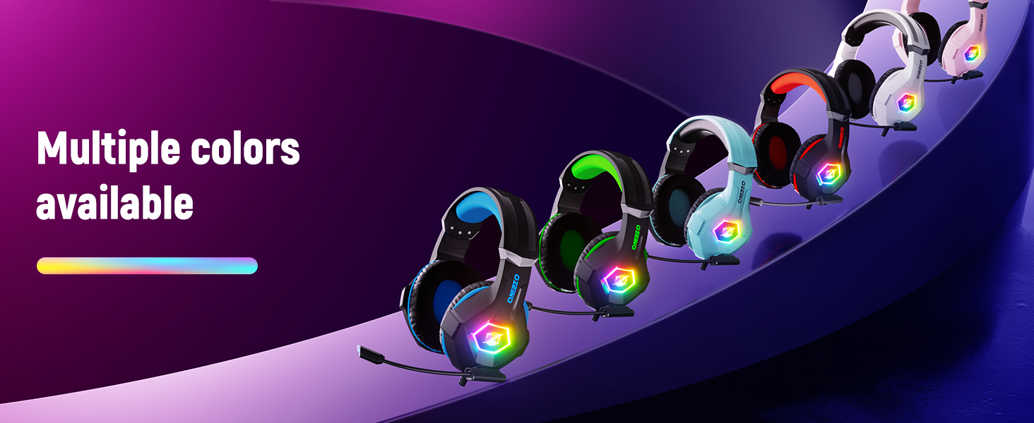 Gaming headsets display showing multiple color variations with RGB lighting effects, arranged in ascending curve against purple-blue gradient background.