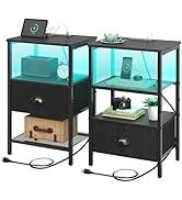 Sthmec Nightstands Set of 2, LED Bedside Tables with Charging Station and Fabric Drawer, Night St...