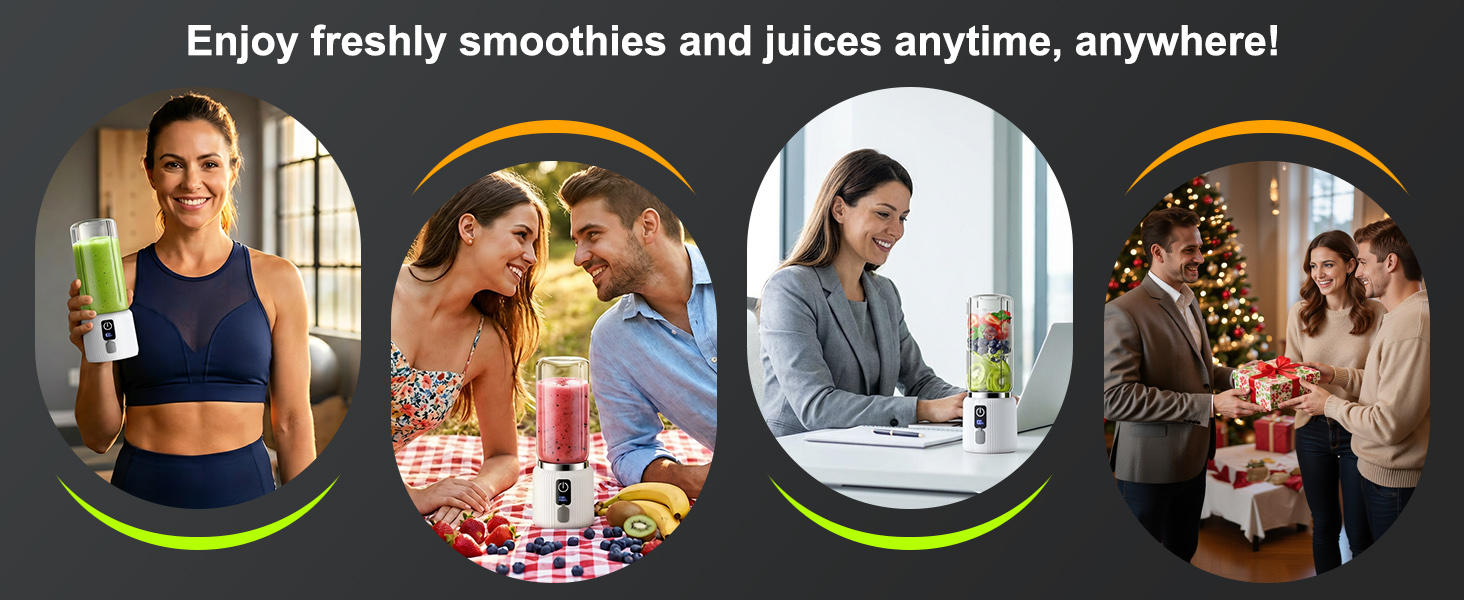 Text reads 'Enjoy freshly smoothies and juices anytime, anywhere!' Four oval photos showing people with blender in various lifestyle settings on dark background.