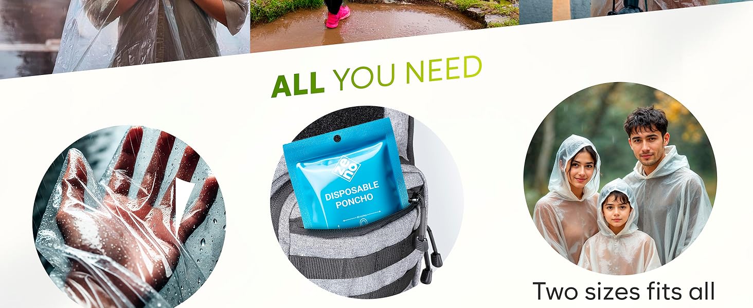 Composite image showing wet hands, blue waterproof pouch, and family. Text reads 'ALL YOU NEED' and 'Two sizes fits all', suggesting a versatile waterproof storage solution.