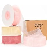 Pink and Cream Ribbon Sheer Organza Ribbon 1 Inch x 75Yds Rose Pink Ribbon Clear Pink Chiffon Tul...