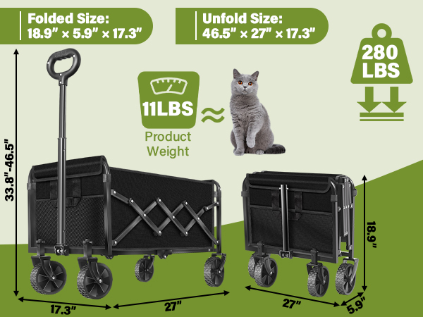 Folded: 18.9”x5.9”x17.3”. Unfolded: 46.5”x27”x17.3”. H: 33.8”-46.5”. Wt: 280 lbs.