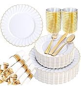 YOUBET 350PCS Gold Scalloped Plastic Plates - White and Gold Disposable Dinnerware Set Include 10...