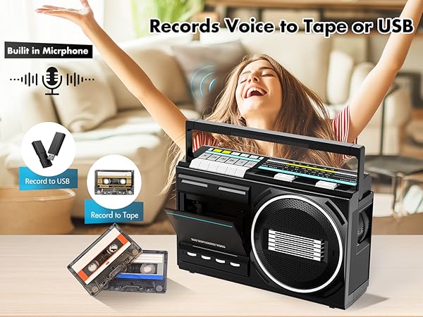 Cassette player and recorder with built in microphone