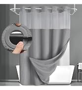 XOGUIBO No Hook Shower Curtain and Liner Set,Grey Hotel Waffle Shower Curtain with Liner 75" L x ...