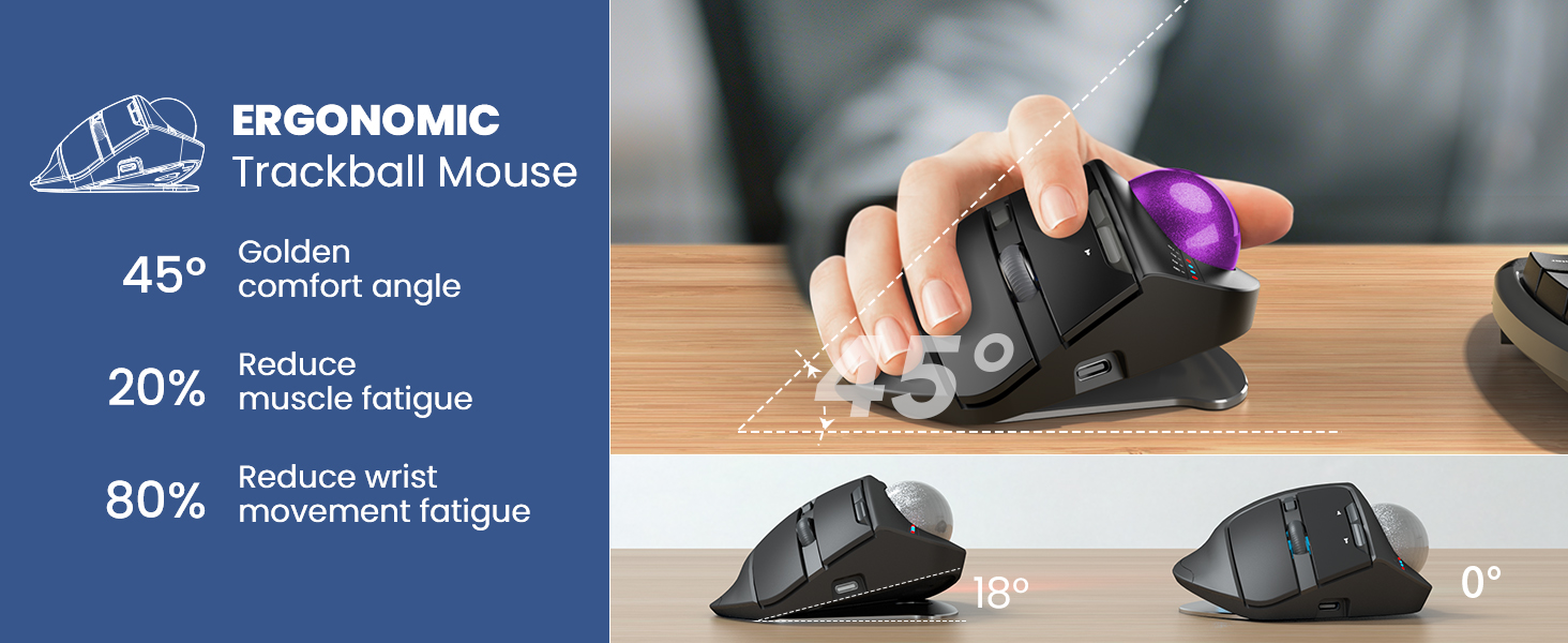 Wireless Trackball Mouse, Ergonomic Bluetooth Rechargeable Computer Mouse-Purple Ball