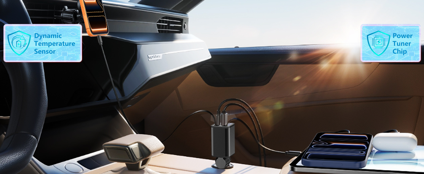 MFi Certified 120W 4-IN-1 Retractable Car Charger USB C PD/QC Type C Fast Charging Cigarette Lighter