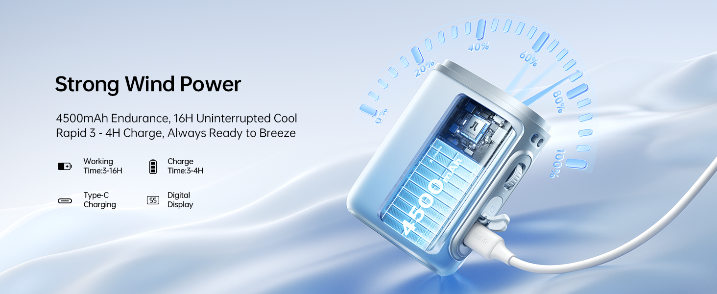 Text reads 'Strong Wind Power'. Product image shows a white electronic device with blue LCD display screen and cable attachments against a light blue background.