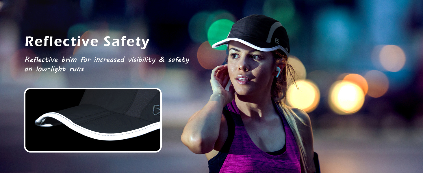 Reflective brim for increased visibility and safety on low-light runs.