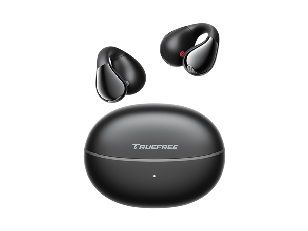 Wireless earbuds with charging case, featuring black matte finish with Truefree branding on the oval-shaped case.