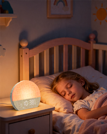 Child sleeping peacefully in white bedding with illuminated spherical globe lamp casting soft light on nightstand, creating warm ambient lighting in bedroom.