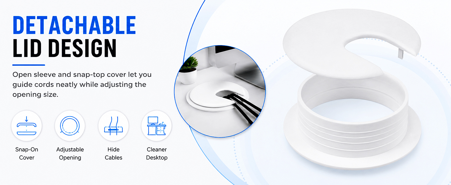 Detachable lid white desk cable grommet with adjustable cord opening