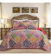 BEDIFANY Cotton King Quilt Set - Vintage Farmhouse Bedspread with Vibrant Floral Pattern, 3-Piece...