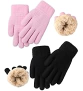 Glooarm 2 Pairs Kids Gloves Winter Thermal Wool Fleece Lined Gloves Thick Knit Gloves for Cold We...