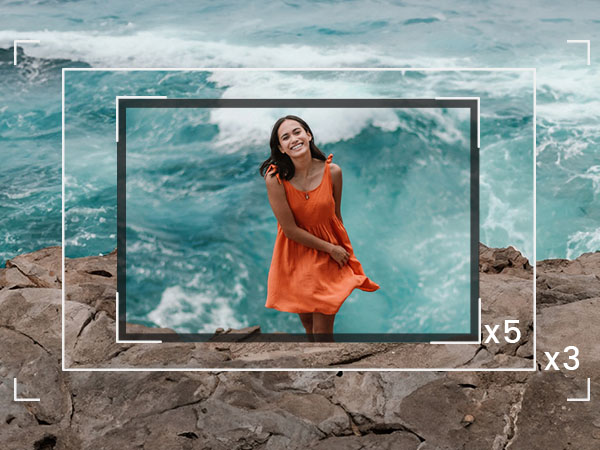 Multiple nested rectangular frames overlay a coastal scene with rocky shore and turquoise waves. Text in lower right corner reads 'x5' and 'x3'.