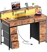HLDIRECT 47 inch Computer Desk with 8 Storage Drawers, Gaming Desk with LED Lights &amp; USB Power Ou...