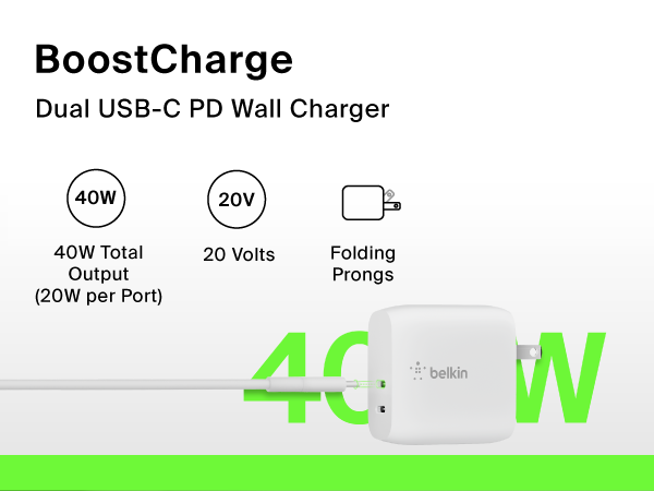 Image of belkin usb c wall charger and cable with text reading boostcharge.