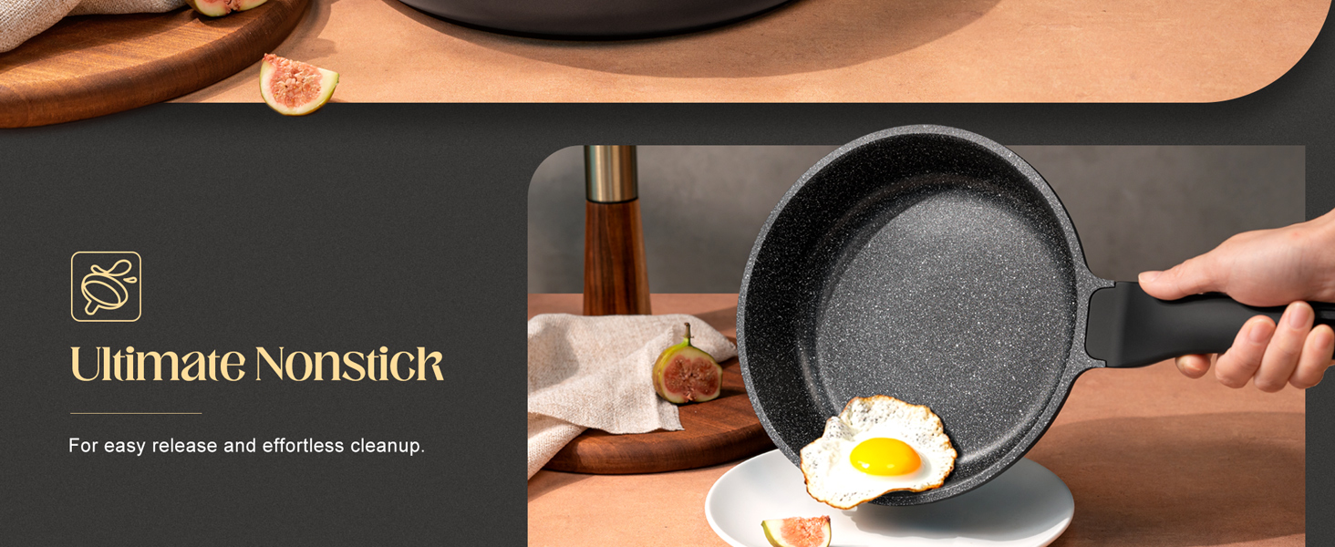 nonstick frying pan with silicone handle, ease of cleaning, works well on all cooktops, durable