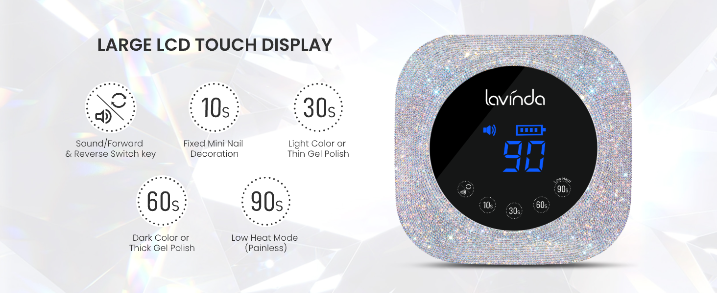 4 timer settings with LCD display for easy, controlled gel curing.