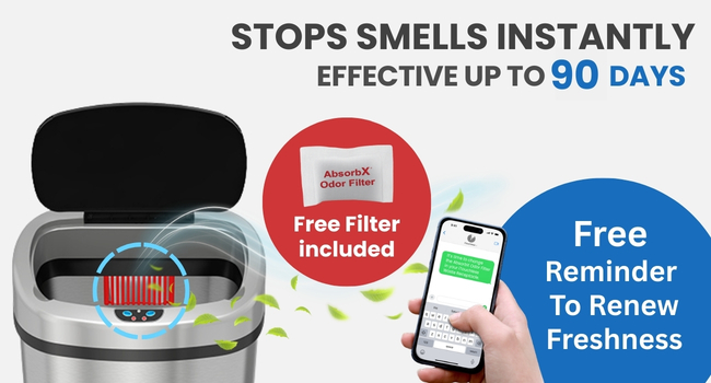 iTouchless trash can with AbsorbX odor filter and renewal reminders