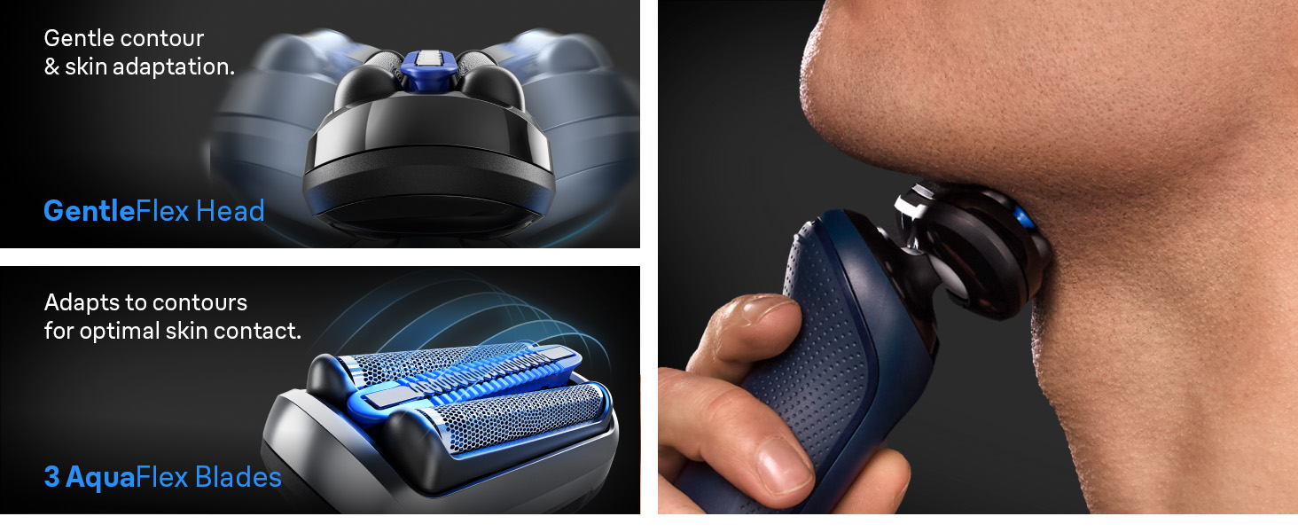 Braun shaver blades in close up, cutting long hairs. SmoothShave blades benefits are shown.