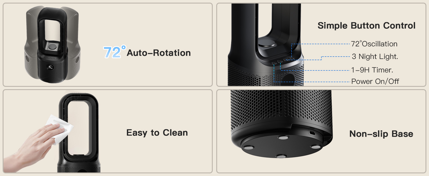Desk fan: 72° swing, button timer+3 light, easy clean, non-slip base for bedroom or office.