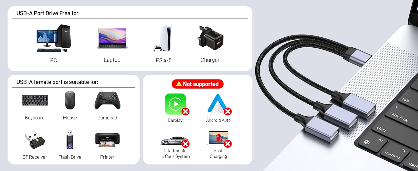 USB Splitter 1 in 3 Out Cable